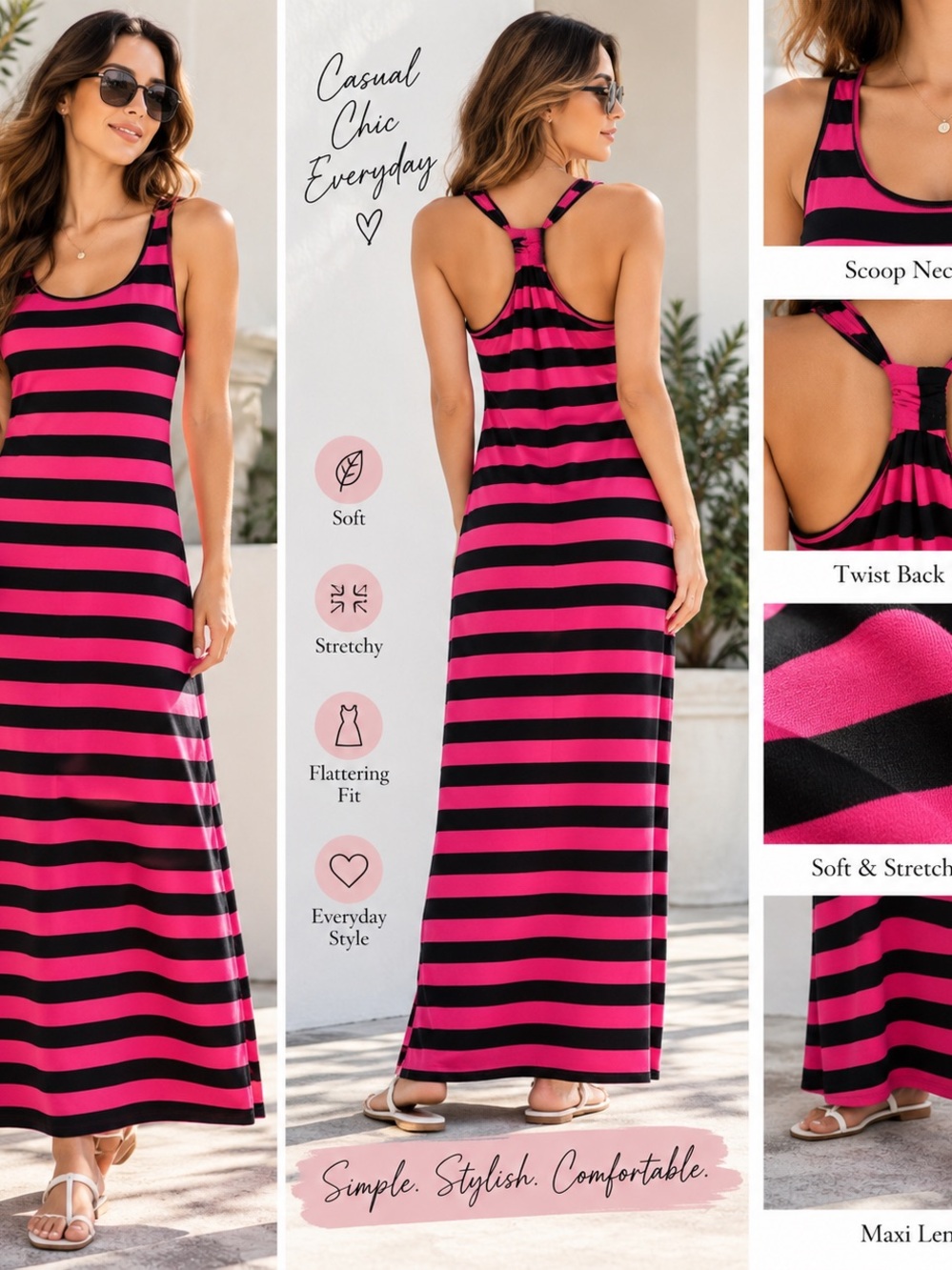 Pink Black Striped Maxi Dress Cutout Twist Back Size M